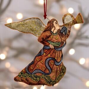 Vintage Embroidered Angel Ornament Old World Renaissance Gold Thread Trumpet